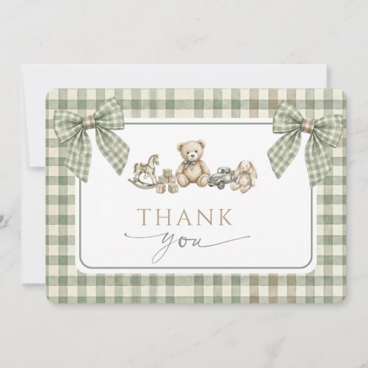 Teddy Bear Baby Shower Sage Green Gingham Bow  サンキューカード (正面)