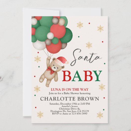 Teddy Bear Baby Shower、Santa Baby Shower 招待状 (正面)