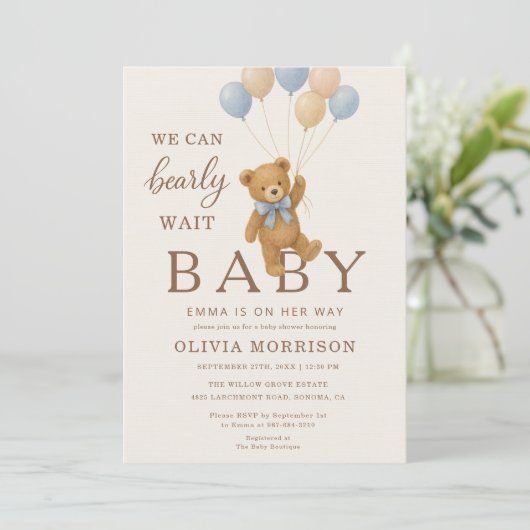 Teddy Bear Baby Shower We Can Bearly Wait 招待状 (スタンド正面)