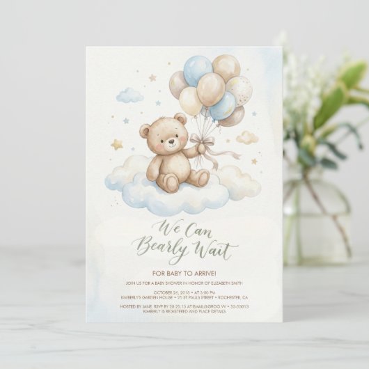 Teddy Bear Baby Shower with Brown Sage Balloons 招待状 (スタンド正面)