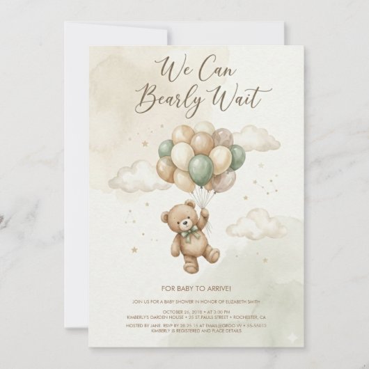 Teddy Bear Baby Shower with Brown Sage Balloons 招待状 (正面)