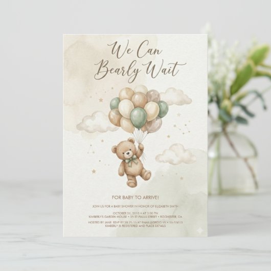 Teddy Bear Baby Shower with Brown Sage Balloons 招待状 (スタンド正面)