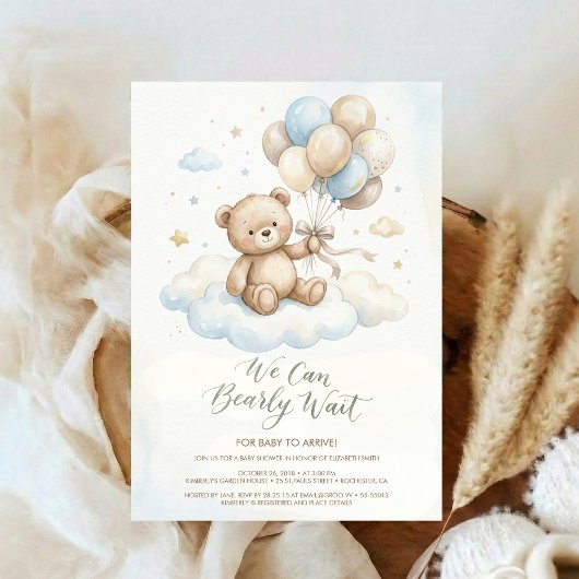 Teddy Bear Baby Shower with Brown Sage Balloons 招待状