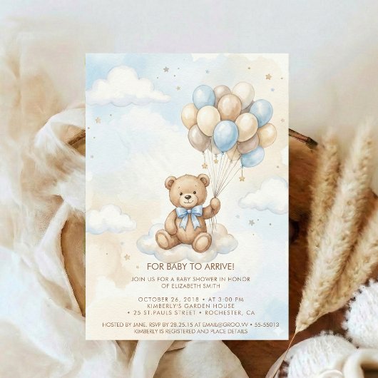 Teddy Bear Baby Shower with Brown Sage Balloons 招待状