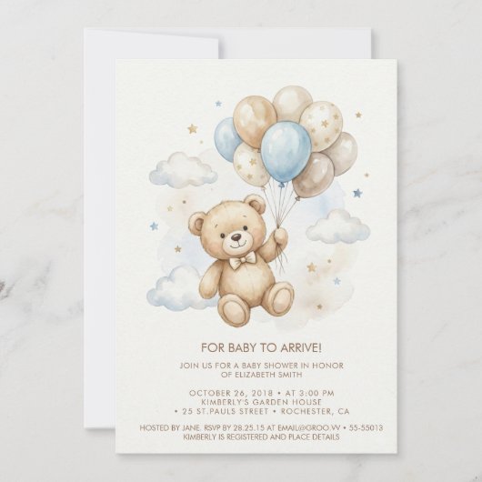Teddy Bear Baby Shower with Brown Sage Balloons 招待状 (正面)