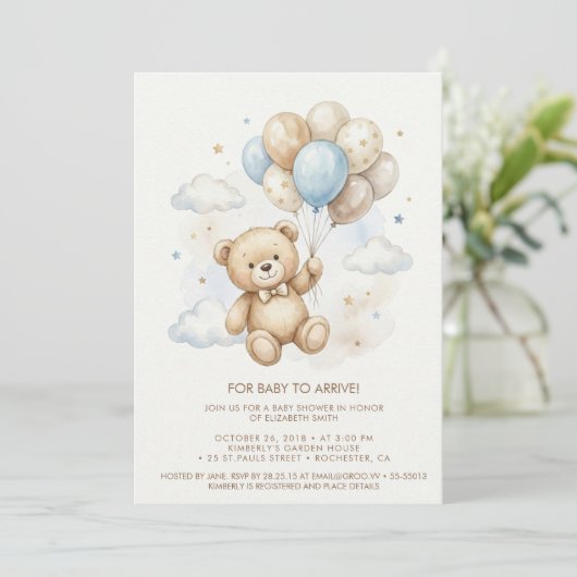 Teddy Bear Baby Shower with Brown Sage Balloons 招待状 (スタンド正面)