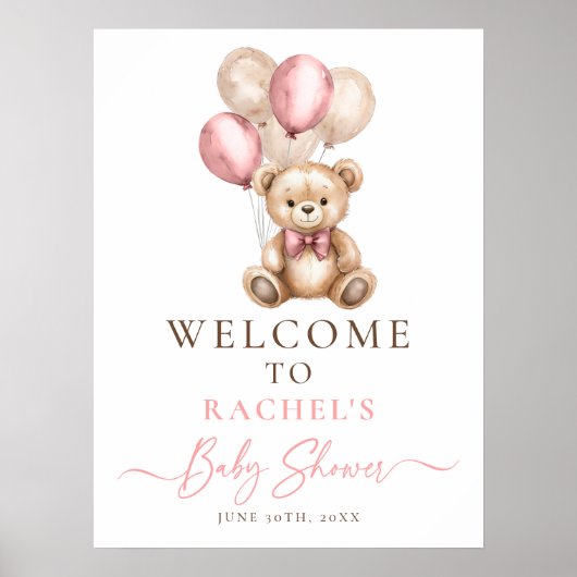 Teddy Bear Balloon Baby Girl Shower Welcome Poster ポスター (正面)