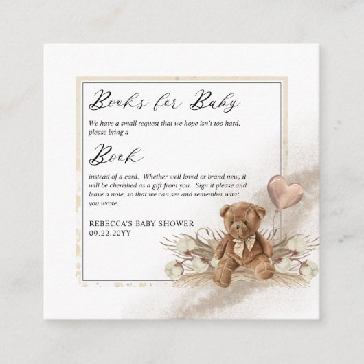 Teddy Bear Balloon Baby Shower Bookリクエスト エンクロージャーカード (正面)