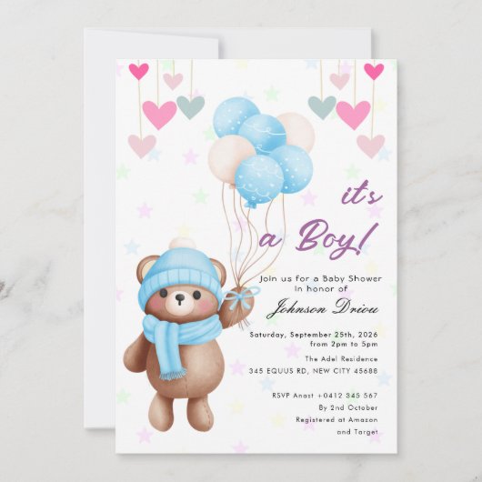 teddy bear balloon baby shower invitation 招待状 (正面)