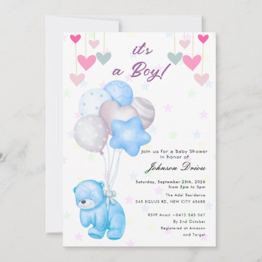 teddy bear balloon baby shower invitation 招待状 (正面)