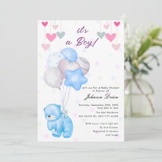 teddy bear balloon baby shower invitation 招待状 (スタンド正面)