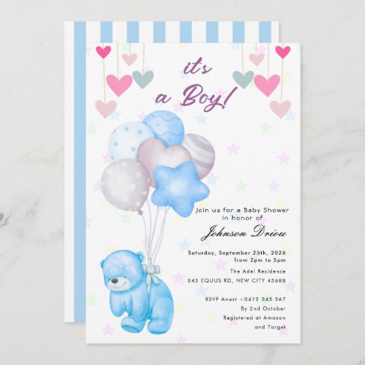 teddy bear balloon baby shower invitation 招待状 (正面/裏面)
