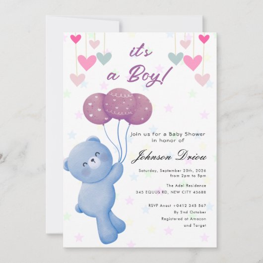 teddy bear balloon baby shower invitation 招待状 (正面)