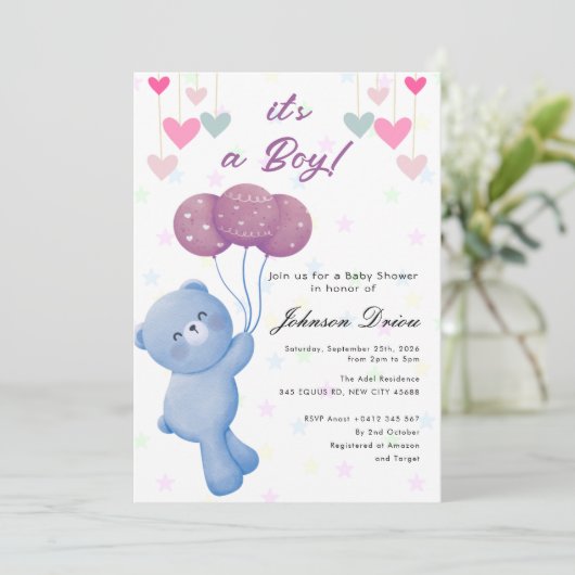 teddy bear balloon baby shower invitation 招待状 (スタンド正面)