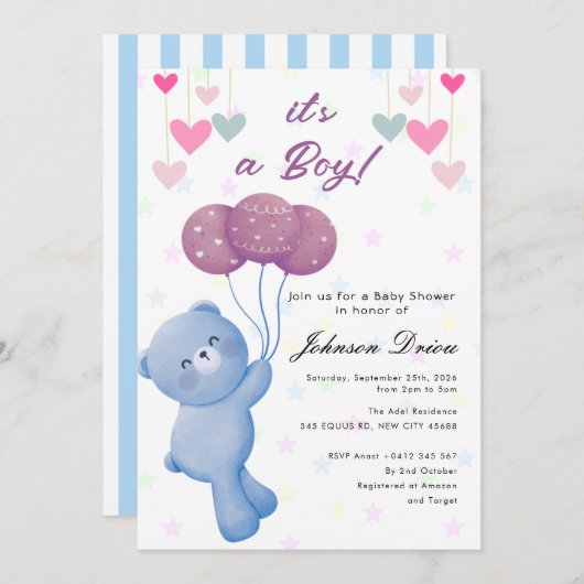 teddy bear balloon baby shower invitation 招待状 (正面/裏面)