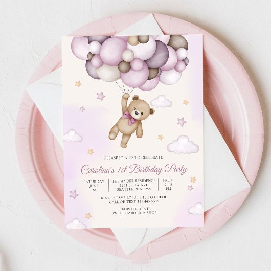 Teddy Bear Balloon Birthday Invitation 招待状