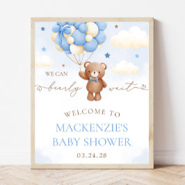 Teddy Bear Balloon Boy Baby Showerウェルカムサイン ポスター