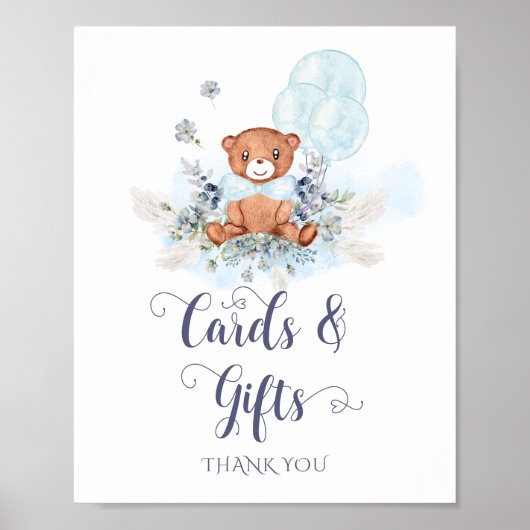 Teddy Bear Balloon Boy Baby Showerカードとギフト ポスター (正面)