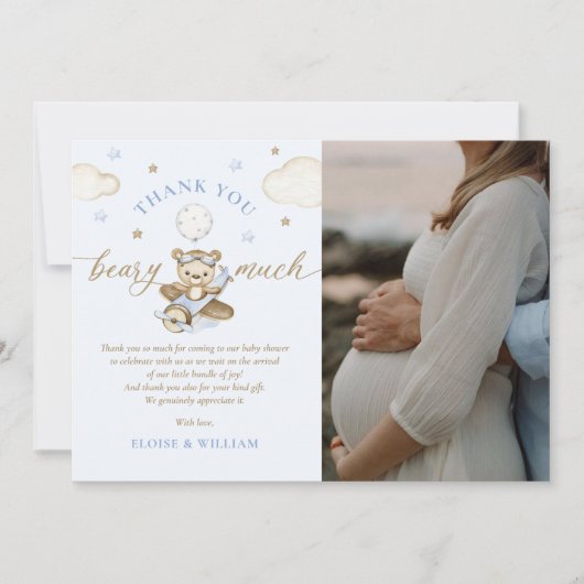 Teddy Bear Balloon Boy Baby Shower写真 サンキューカード (正面)