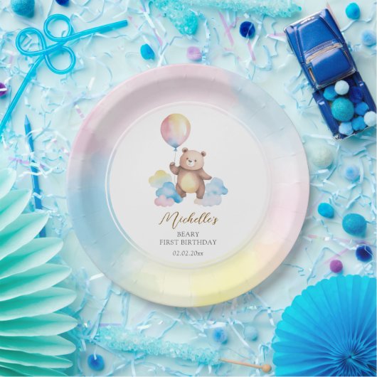 Teddy Bear Balloon Clouds Beary First Birthday ペーパープレート (パーティー)