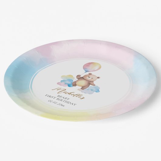 Teddy Bear Balloon Clouds Beary First Birthday ペーパープレート (アングル)