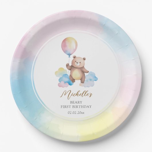 Teddy Bear Balloon Clouds Beary First Birthday ペーパープレート (正面)