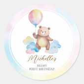Teddy Bear Balloon Clouds Beary First Birthday ラウンドシール (正面)