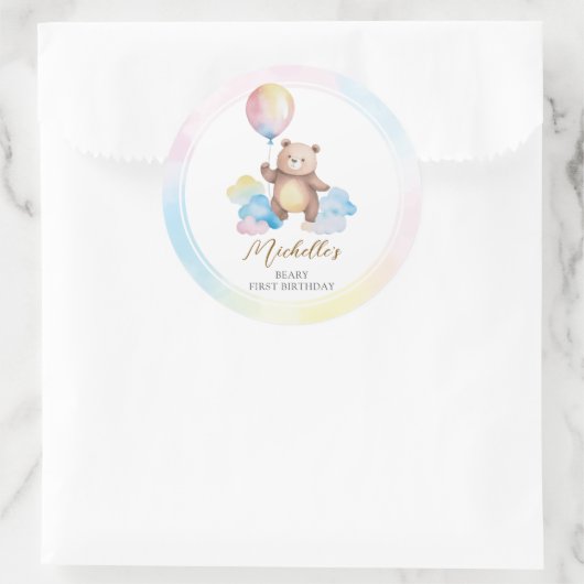Teddy Bear Balloon Clouds Beary First Birthday ラウンドシール (バッグ)