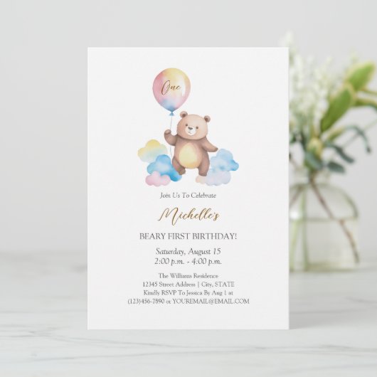 Teddy Bear Balloon Clouds Beary First Birthday 招待状 (スタンド正面)
