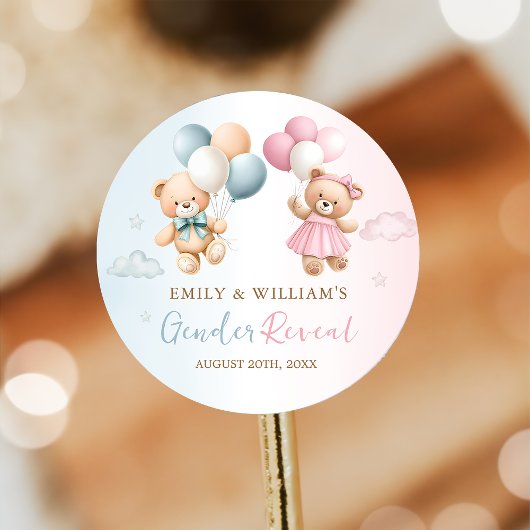 Teddy Bear Balloon Gender Reveal Sticker ラウンドシール