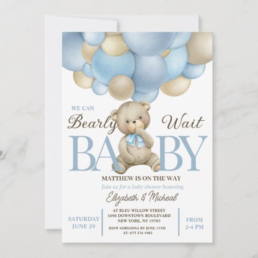 Teddy Bear Balloon Theme Baby Shower Invitation 招待状 (正面)