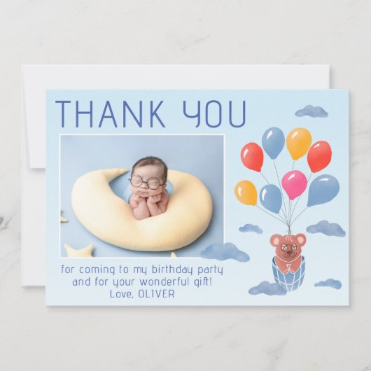 Teddy Bear Balloonsキッズフォト誕生日 サンキューカード (正面)