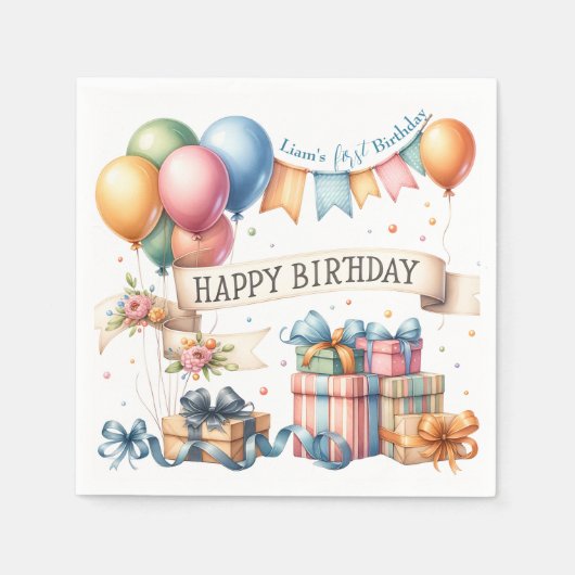 Teddy Bear Balloonsキッズフォト誕生日 スタンダードカクテルナプキン (正面)