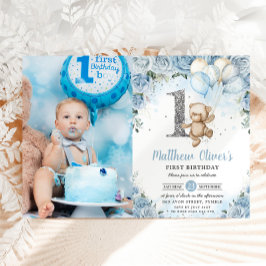 Teddy Bear Balloonsブルーフローラ1st誕生日フォト 招待状