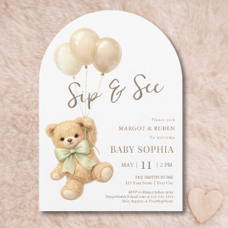 Teddy Bear Balloons Arch Sip and See 招待状