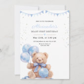 Teddy Bear Balloons Birthday Invite, Beary First 招待状 (正面)