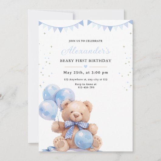 Teddy Bear Balloons Birthday Invite, Beary First 招待状 (正面)