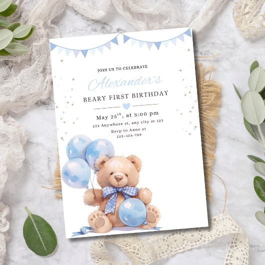 Teddy Bear Balloons Birthday Invite, Beary First 招待状