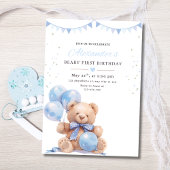 Teddy Bear Balloons Birthday Invite, Beary First 招待状