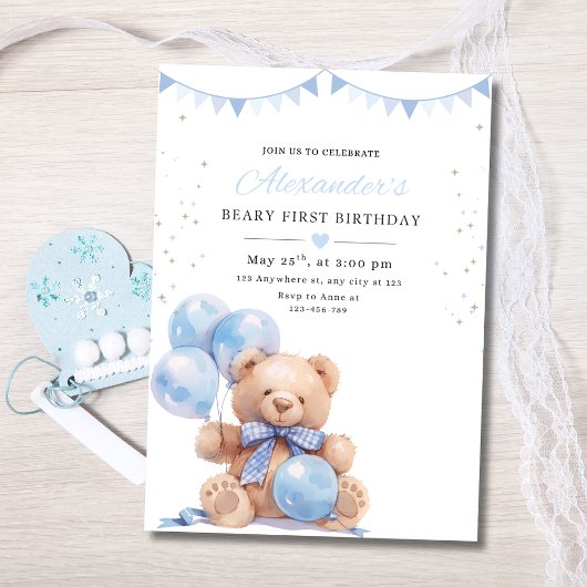 Teddy Bear Balloons Birthday Invite, Beary First 招待状