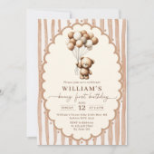 Teddy Bear Balloons Brown Stripes 1st Birthday 招待状 (正面)
