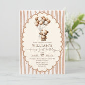 Teddy Bear Balloons Brown Stripes 1st Birthday 招待状 (スタンド正面)