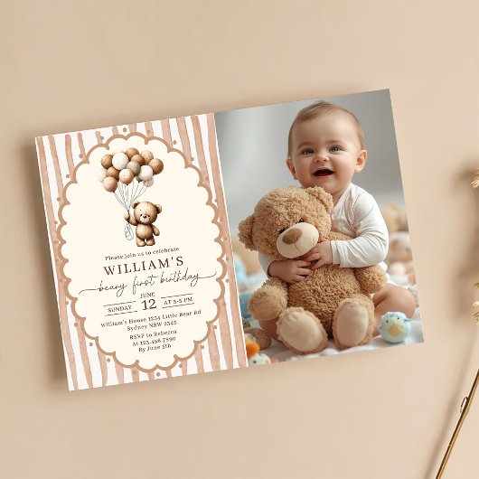 Teddy Bear Balloons Brown Stripes 1st Birthday 招待状