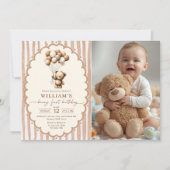 Teddy Bear Balloons Brown Stripes 1st Birthday 招待状 (正面)