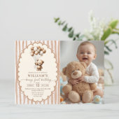 Teddy Bear Balloons Brown Stripes 1st Birthday 招待状 (スタンド正面)