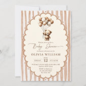 Teddy Bear Balloons Brown Stripes Baby Shower 招待状 (正面)