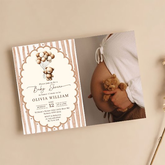 Teddy Bear Balloons Brown Stripes Baby Shower 招待状