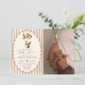 Teddy Bear Balloons Brown Stripes Baby Shower 招待状 (スタンド正面)