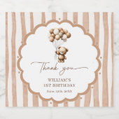 Teddy Bear Balloons Brown Stripes Birthday スパークリングワインラベル (シングルラベル)