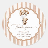 Teddy Bear Balloons Brown Stripes Birthday ラウンドシール (正面)